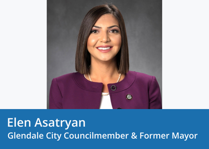 Portrait of a woman with brown shoulder-length straight hair wearing a burgundy jacket and white shirt smiling. Blue banner at Bottom with white text "Elen Asatryan Glendale City Councilmember & Former Mayor"