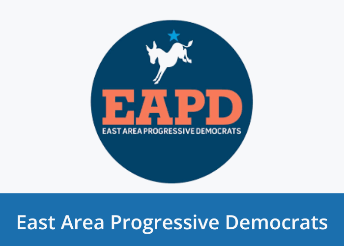 Navy circle with a white donkey jumping with a blue star above its backside. Text in orange "EAPD" Text in white "East area Progressive Democrats". Blue banner at Bottom with white text "East Area Progressive Democrats"
