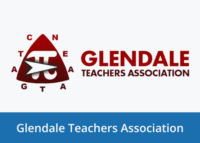 Gradient of red and black in a triangle with a white pi sign and a right-facing arrowhead in the center of the triangle. Text around the triangle with the same gradient: "CTA, GTA, NEA" Additional text not he right "Glendale Teachers Association". Blue banner at Bottom with white text "Glendale Teachers Association"