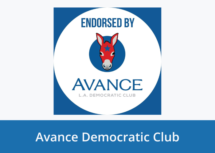 a blue square with a white circle in the middle. Text: Endorsed by AVANCE L.A. Democratic Club. A blue circle in the middle of the white with a red donkey's face int he middle. Blue bar at the bottom with text: "Avance Democratic Club"