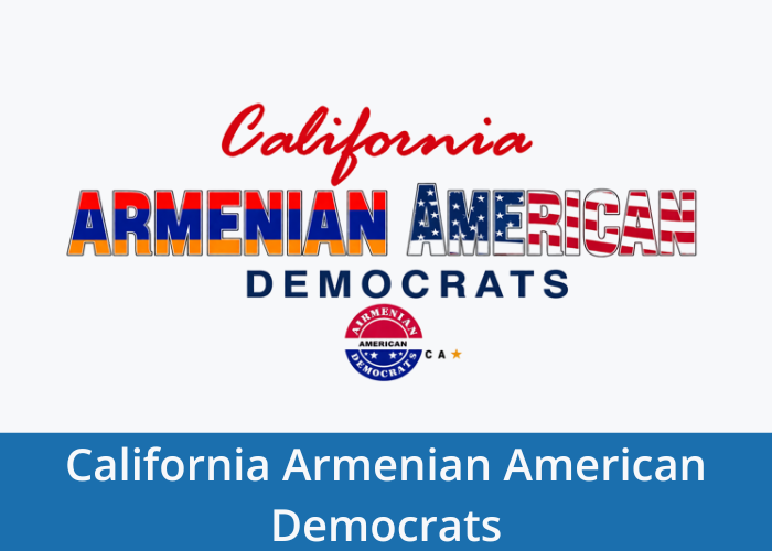 Logo with text "California Armenian American Democrats" Blue bar at the bottom with text: "California Armenian American Democrats"